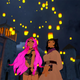 Two VRChat characters stand under floating lanterns.